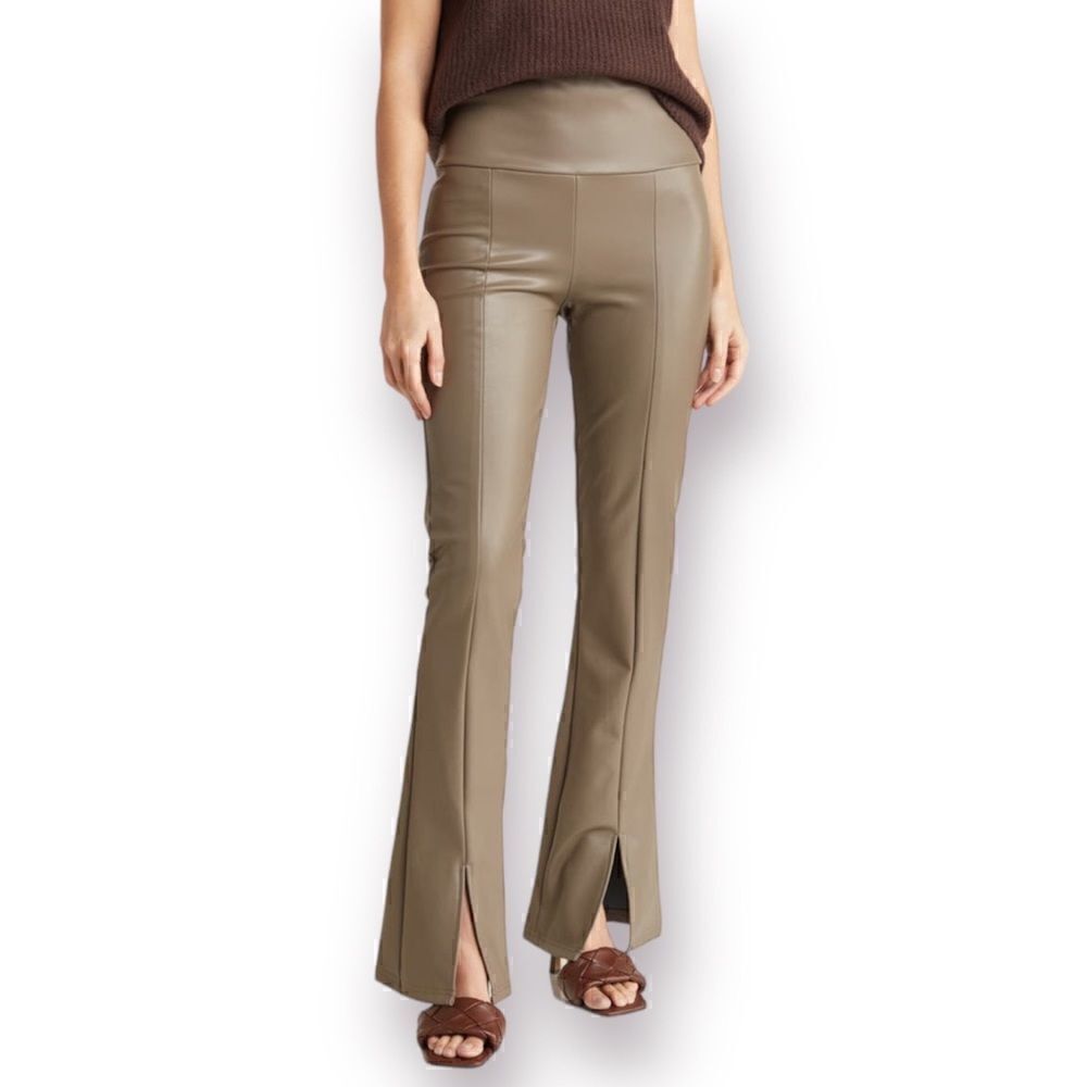Rdifaux Leather Slit Front Flare Pants Taupe Gray Brownl